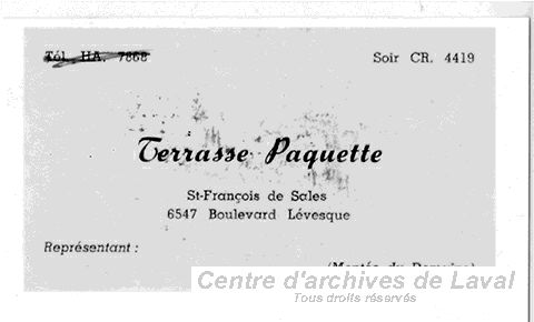 Carte d'affaires Terrasse Paquette.