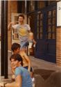 Journée cyclo-historique trajet ouest. Trois participants enjoués devant le Centre communautaire St-Joseph. (22 juillet 1984)