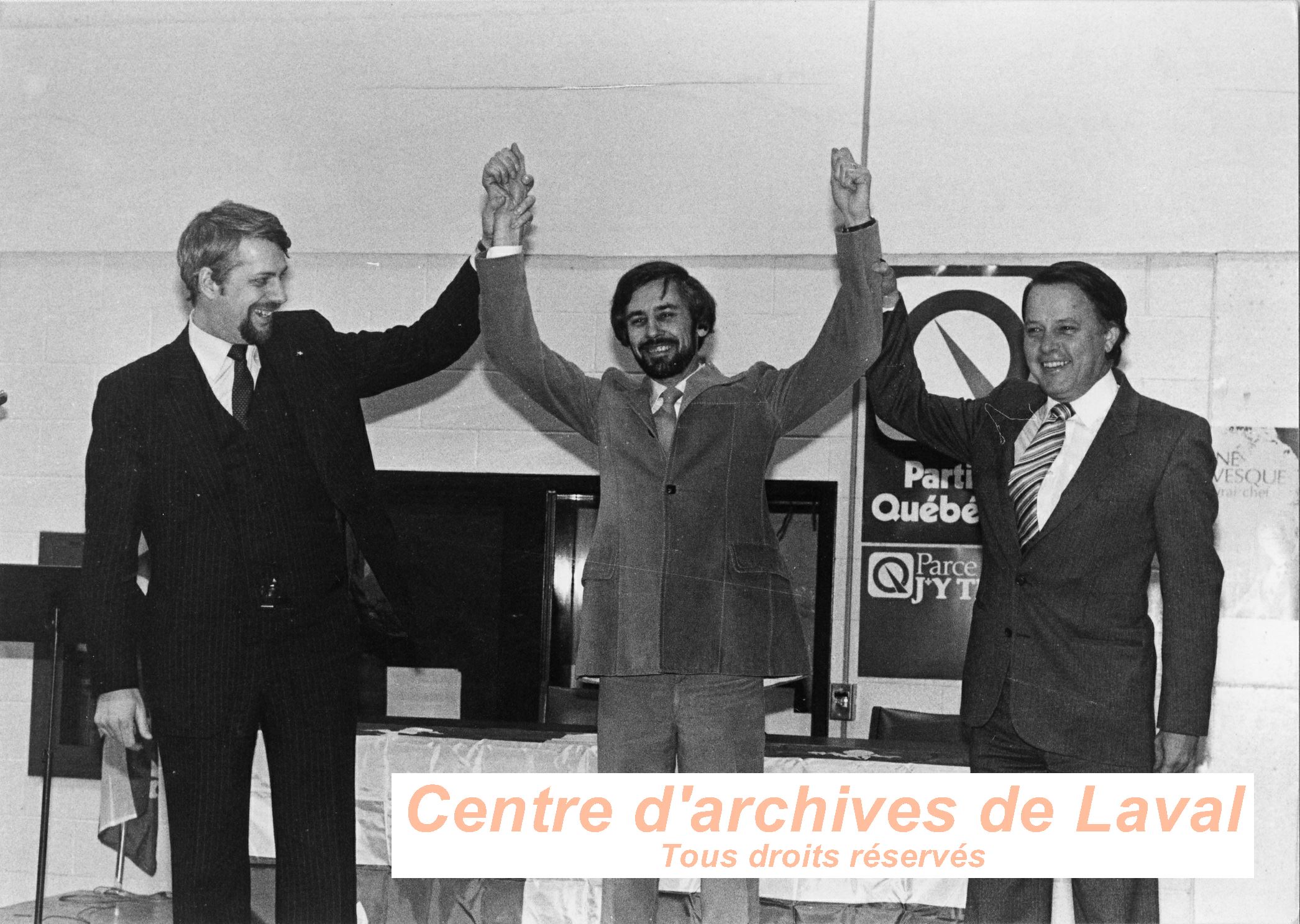 Michel Leduc en compagnie de Pierre-Marc Johnson et Bernard Landry durant la campagne lectorale de 1981