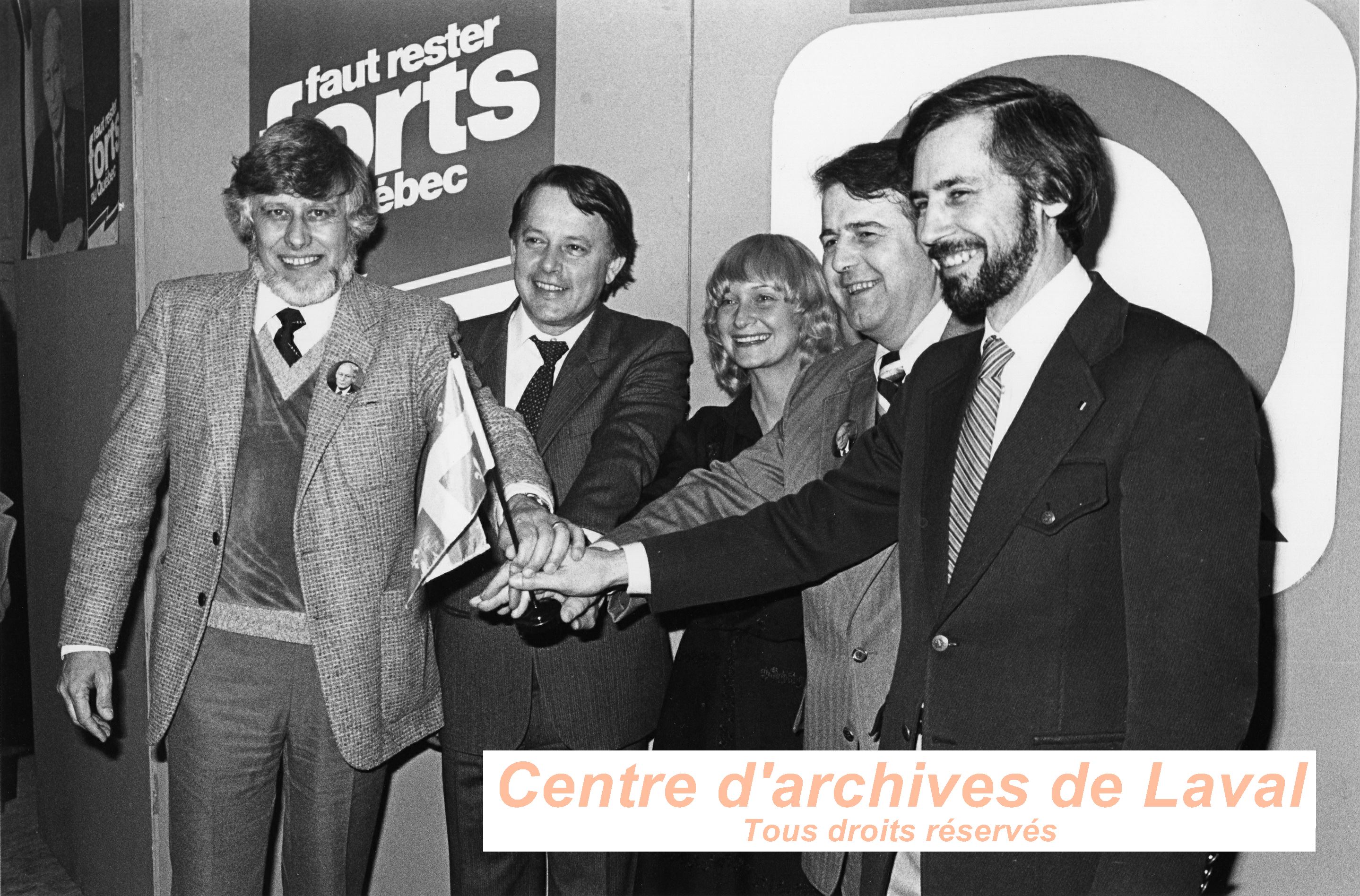 Michel Leduc, Jean-Paul Champagne, Bernard Landry, Jean-Guy Rodrigue et une femme non identifie lors durant un venement du Parti qubcois pour la campagne lectorale de 1981.